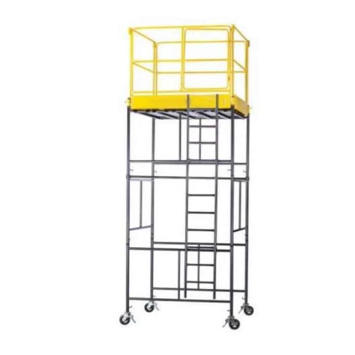 Torre de andaime tubular com plataforma, guarda-corpo, escada de acesso e rodízios